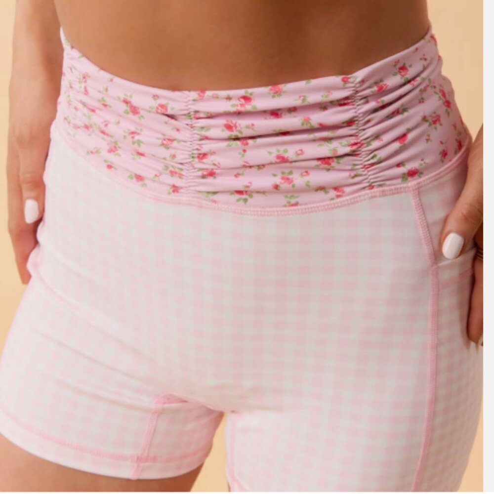 Blogilates Women's Ruched Waist Bike Shorts - Pink Gingham Medium